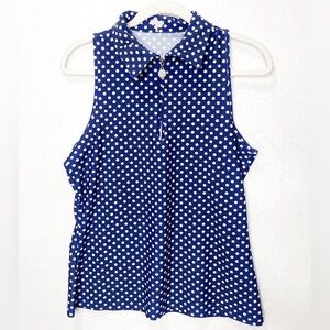 Tzu Tzu Navy Blue White Polka Dot Allied Top Racerback Zip Front Size Large